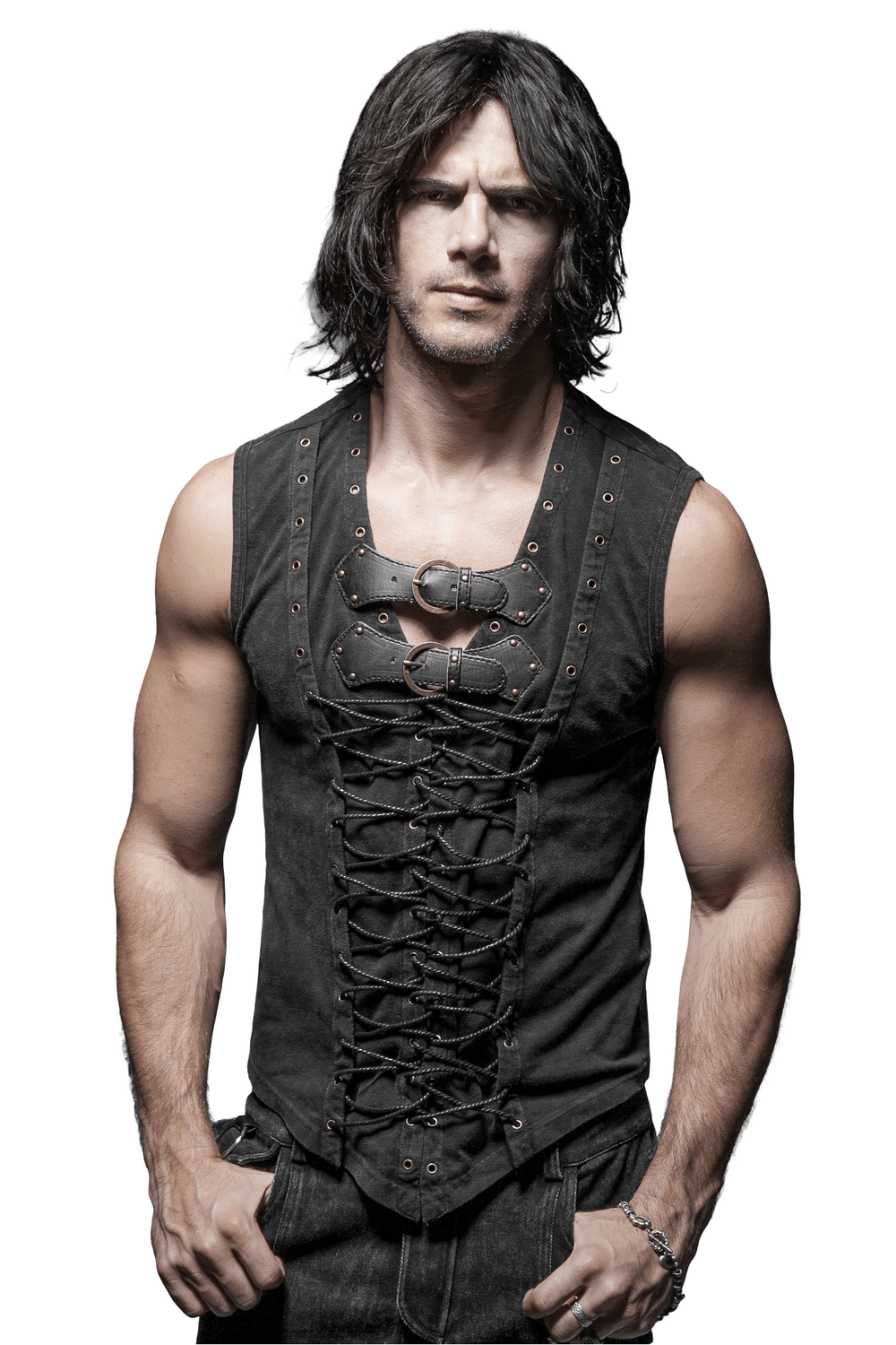Men's Gothic Vest with lace-up front and bronze buckles for a steampunk style, ideal for punk rock fashion.