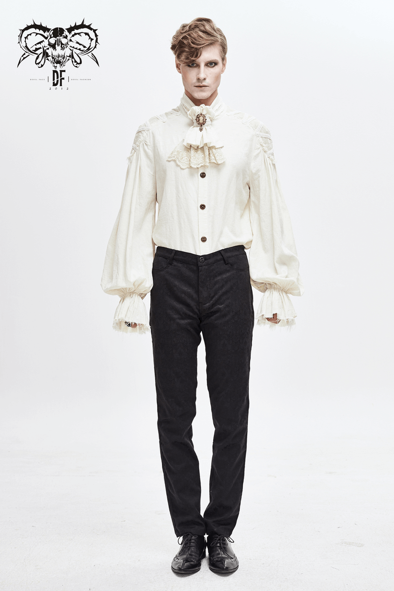 Elegant model wearing a gothic-inspired vintage shirt with dramatic sleeves and a stylish neck tie, perfect for alternative fashion.