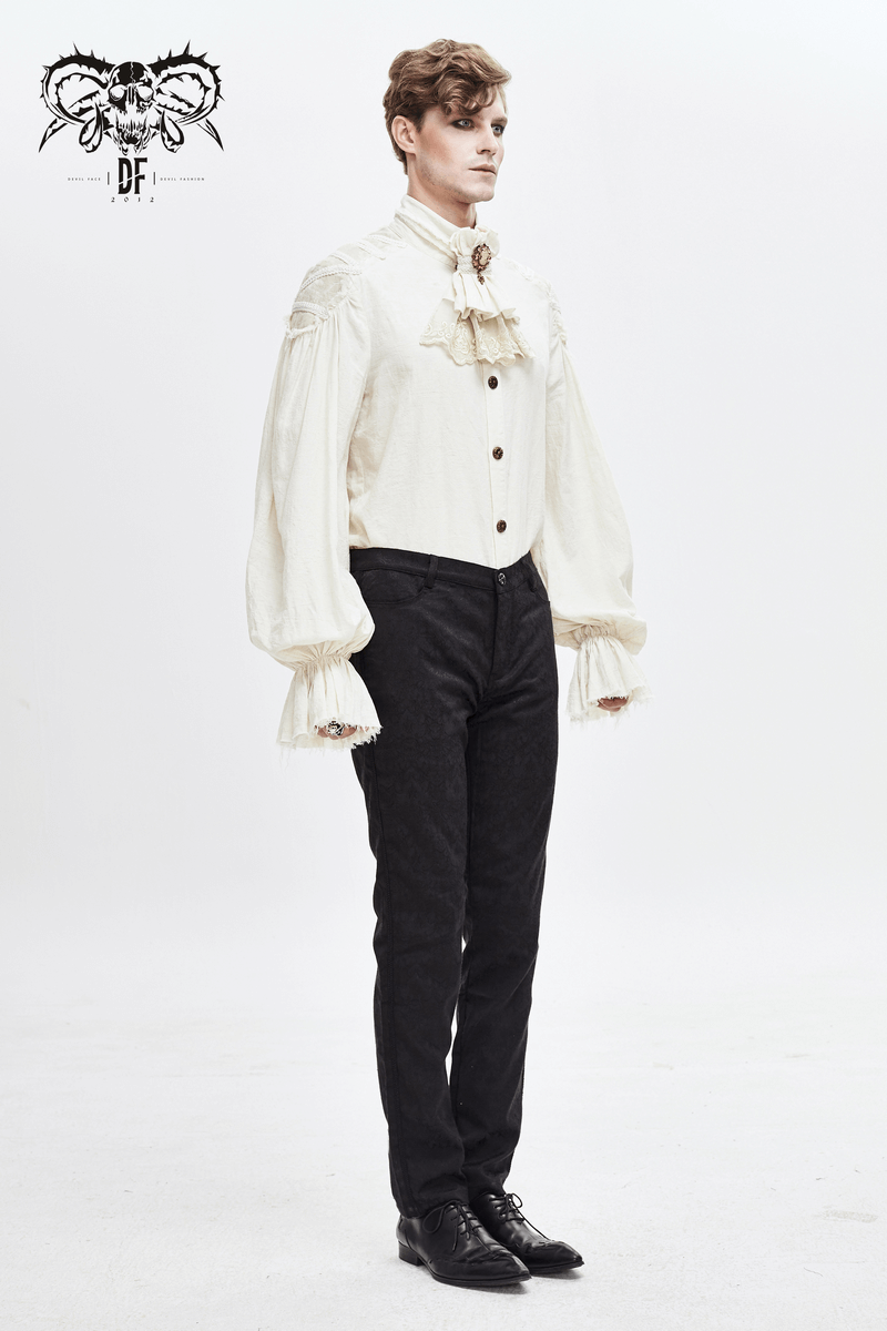 Model wearing an elegant white gothic shirt with dramatic sleeves and a bow tie, showcasing alternative fashion style.