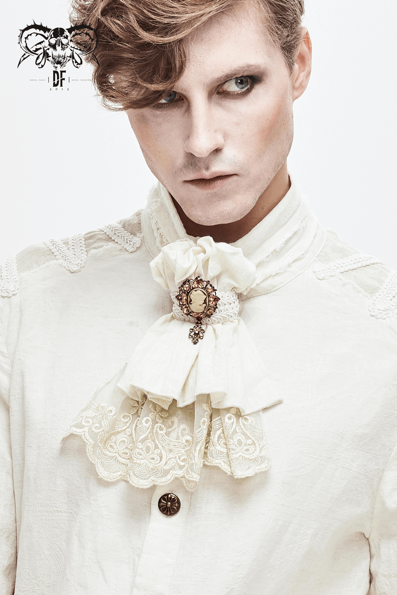 Men's gothic white tie with vintage design, featuring a decorative brooch, perfect for alternative fashion.