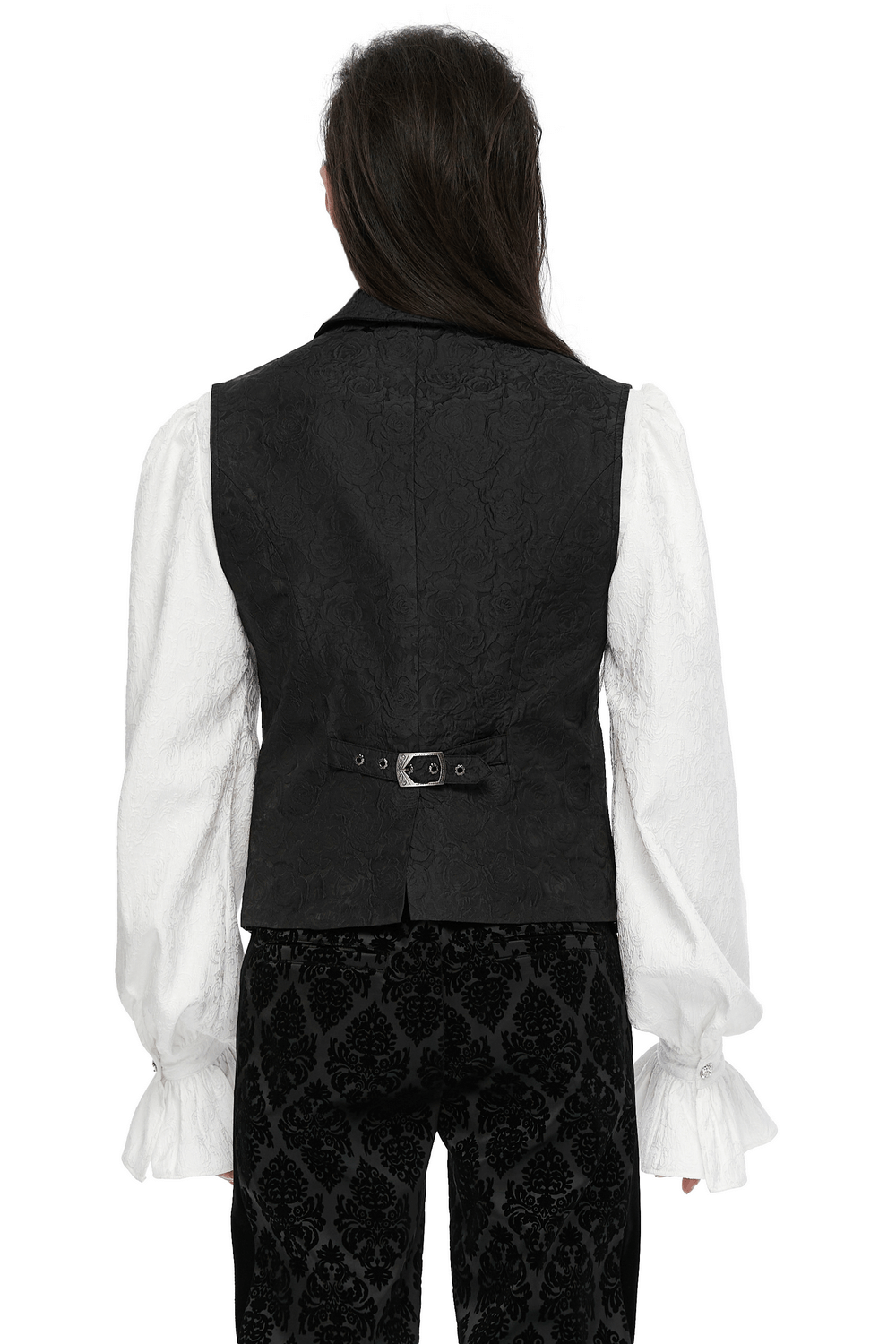 Back view of Men's Gothic Zipper Black Waistcoat with elegant rose pattern and buckle detail, paired with a white shirt.