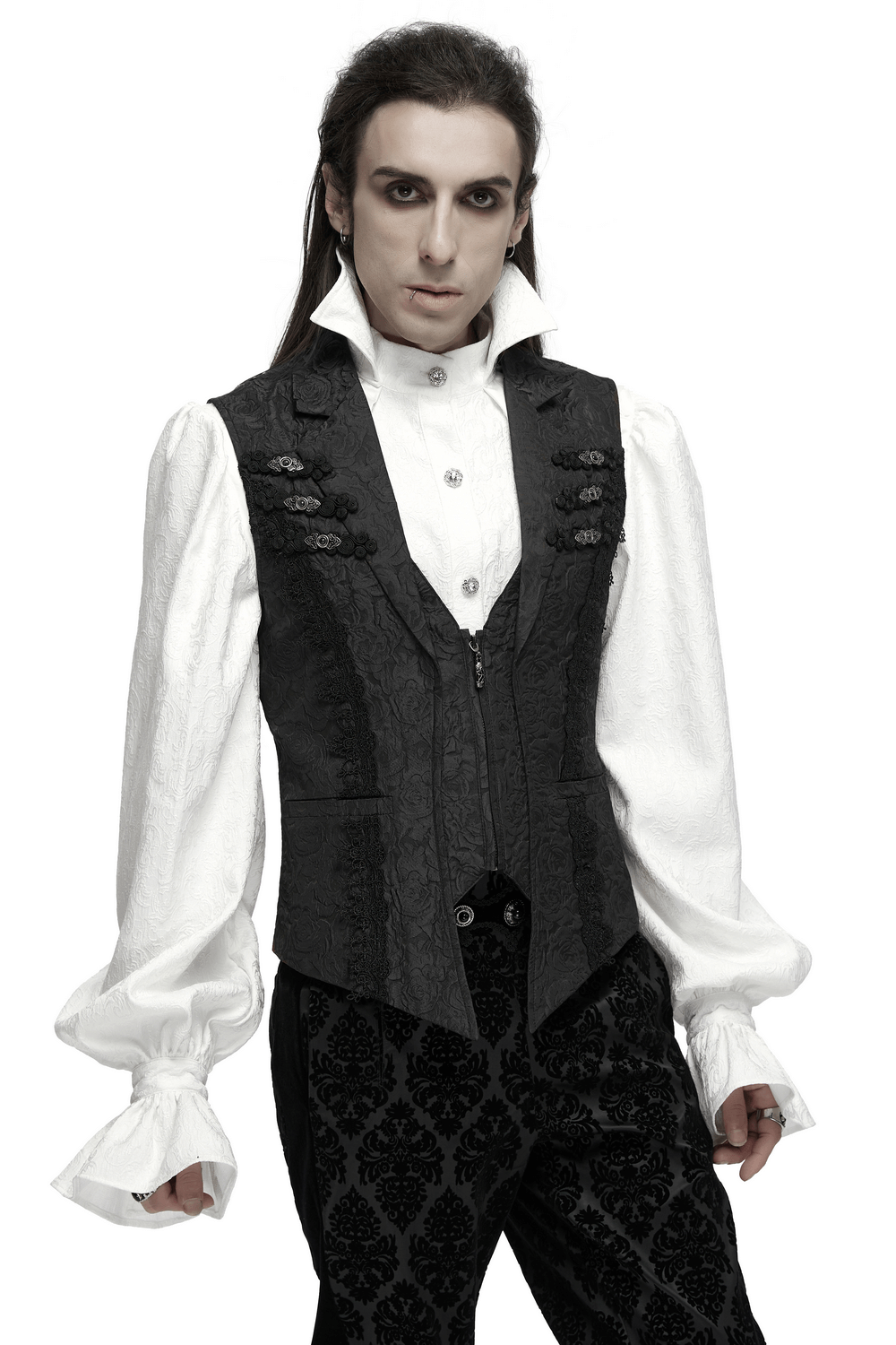 Men's Gothic Black Waistcoat with flip collar and rose pattern, showcasing Gothic style and elegance.