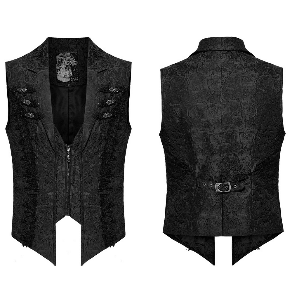 Men's Gothic Black Waistcoat with Rose Pattern, Zipper Front and Flip Collar, featuring Gothic decals and buckle details.