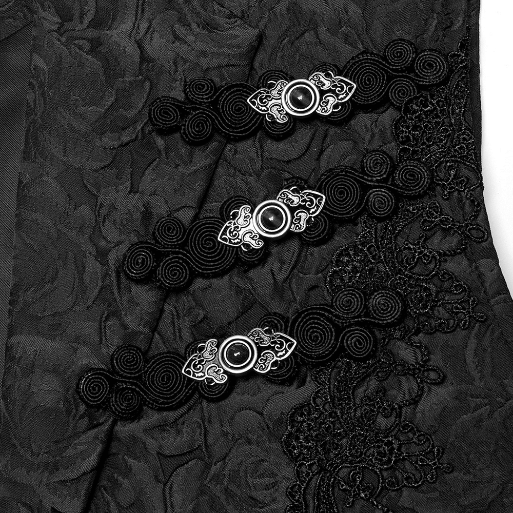 Close-up of the intricate buckle decorations and rose pattern on the Gothic Zipper Black Waistcoat for men.