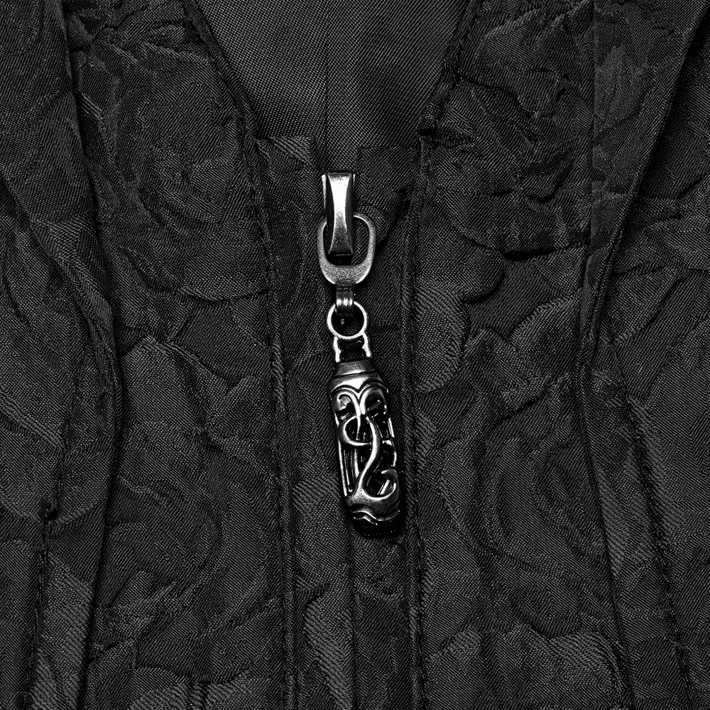 Close-up of the Gothic zipper on a black waistcoat featuring intricate rose fabric and unique buckle design.