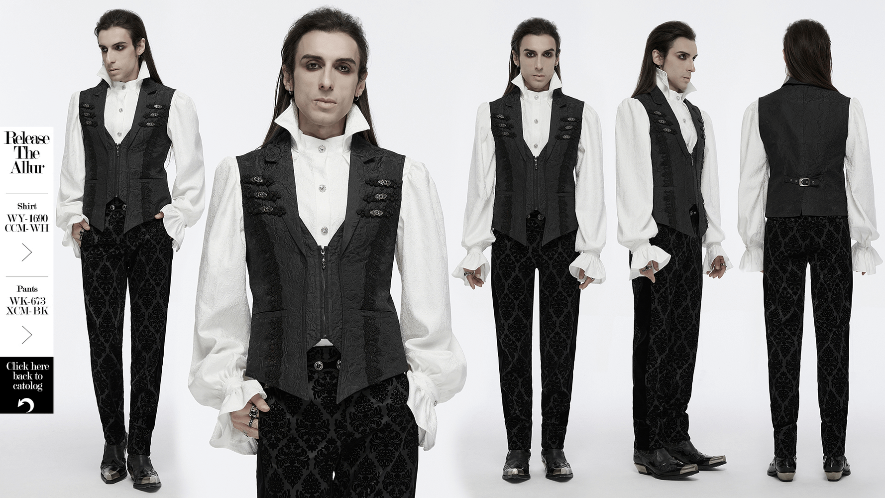 Men's Gothic black waistcoat with flip collar, showcasing intricate rose patterns and stylish buckle details.