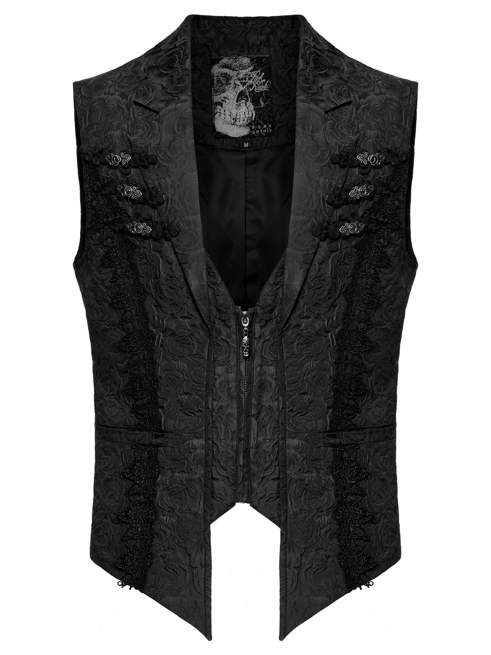 Men's Gothic Black Waistcoat with Flip Collar and Rose Pattern, featuring zipper and ornate buckles. Perfect for making a bold statement.