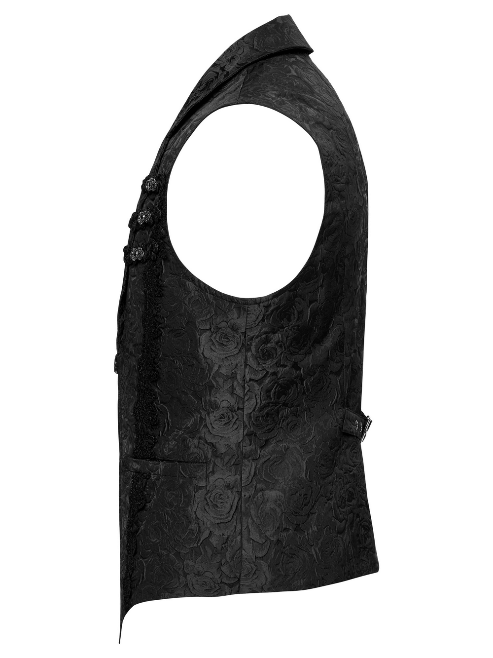 Side view of Men's Gothic Black Waistcoat with rose pattern, flip collar, and intricate buckle details.