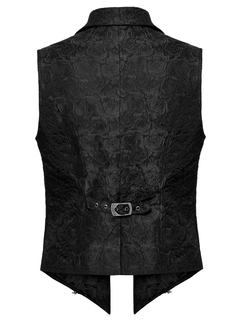 Elegant black Gothic waistcoat with rose pattern, flip collar, and decorative buckle for a standout look.