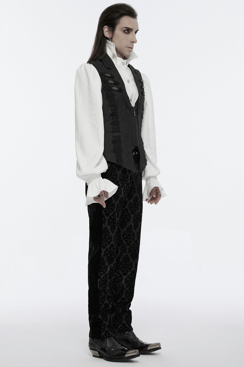 Men's gothic waistcoat with flip collar and intricate rose pattern, paired with elegant black trousers. Perfect for a striking look.