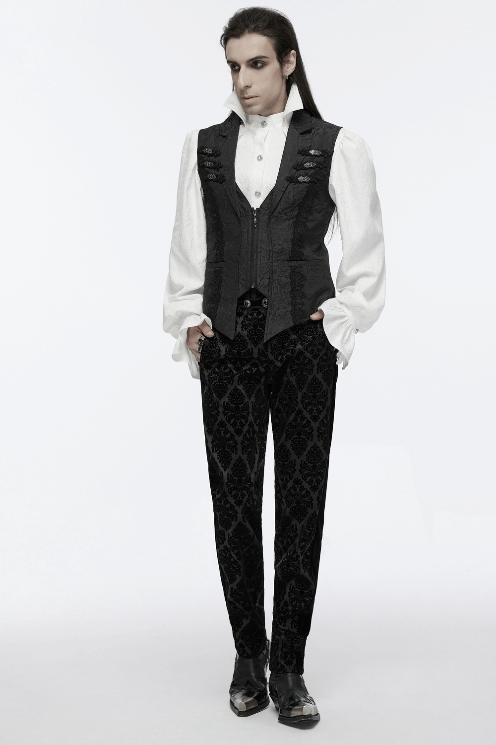 Men's Gothic black waistcoat with flip collar and intricate rose pattern, paired with velvet pants and stylish shoes.