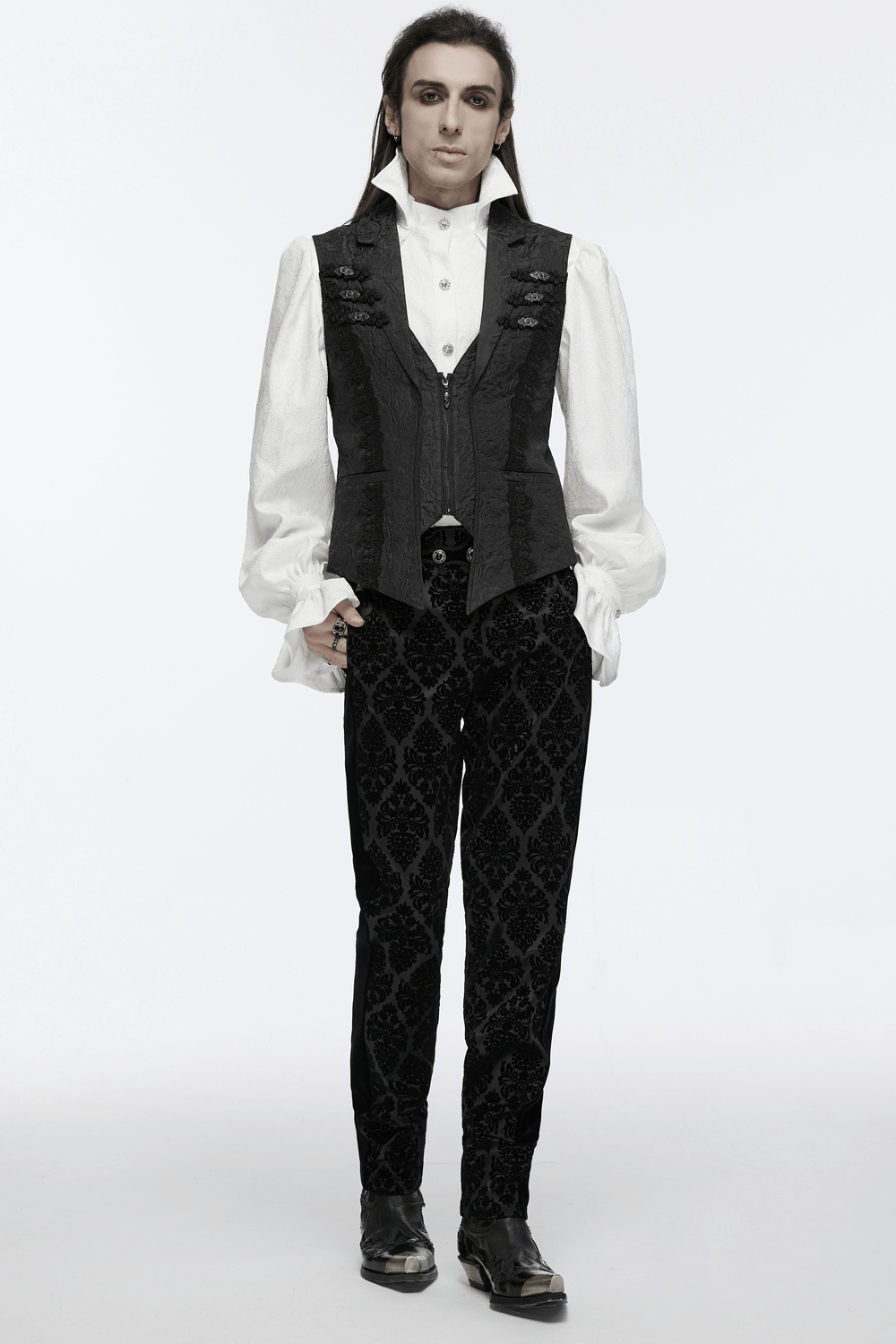 Men's Gothic black waistcoat with flip collar, adorned with intricate rose patterns and stylish buckle details.