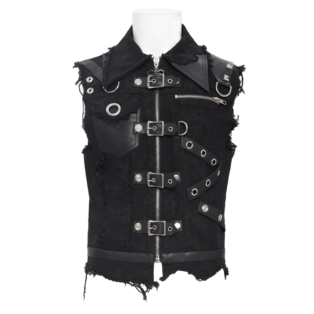 Men's gothic zipper vest featuring buckles, rings, and frayed edges for an edgy punk rock style. Perfect for concerts and cosplay.