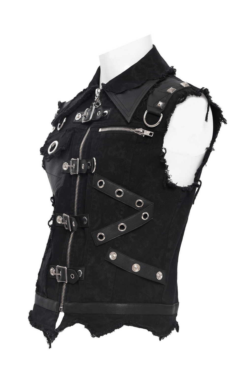 Men's gothic zipper vest with buckles, frayed edges, and industrial ring details for a punk rock style.