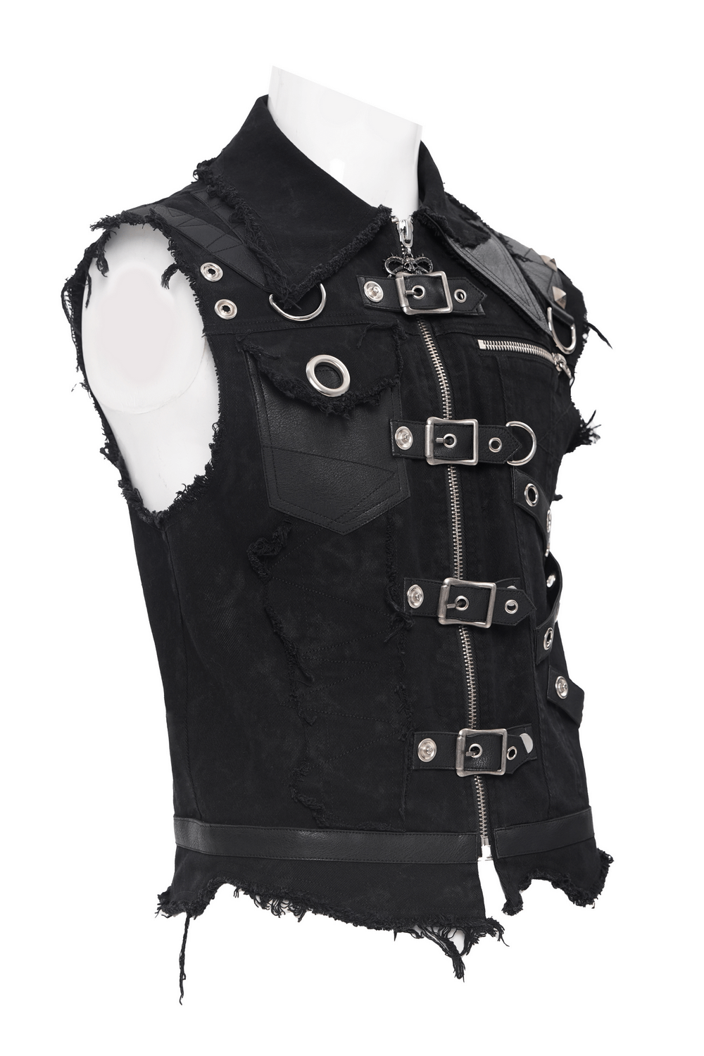 Edgy men's gothic zipper vest featuring buckles, frayed edges, and metal ring details for a punk rock style.