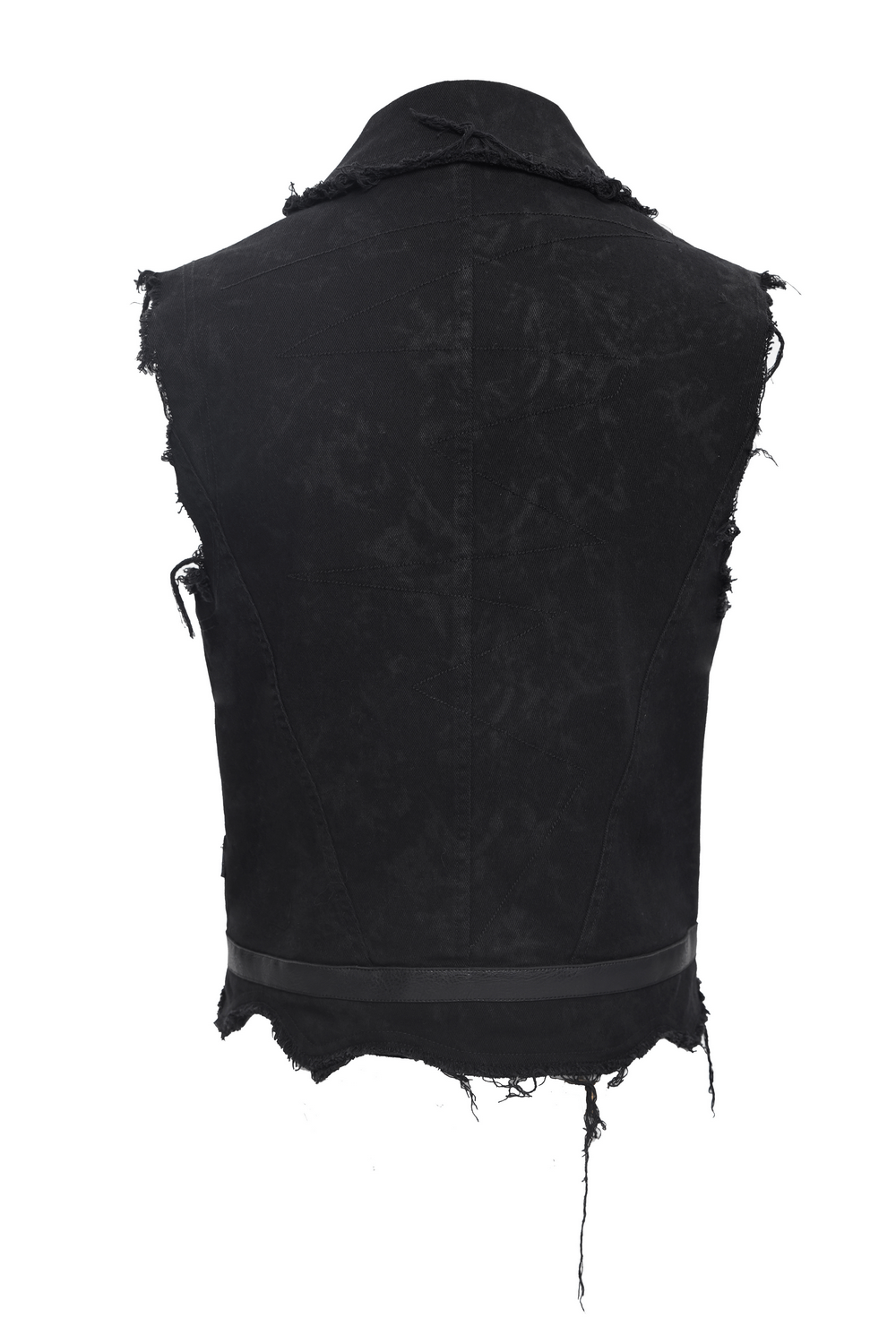 Back view of men's gothic zipper vest with frayed edges and black fabric, perfect for punk rock style.