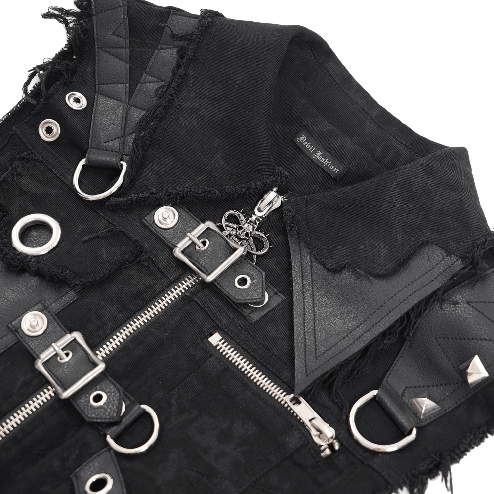 Men's gothic zipper vest showcasing buckles, frayed edges, and metal ring details for a punk rock look.