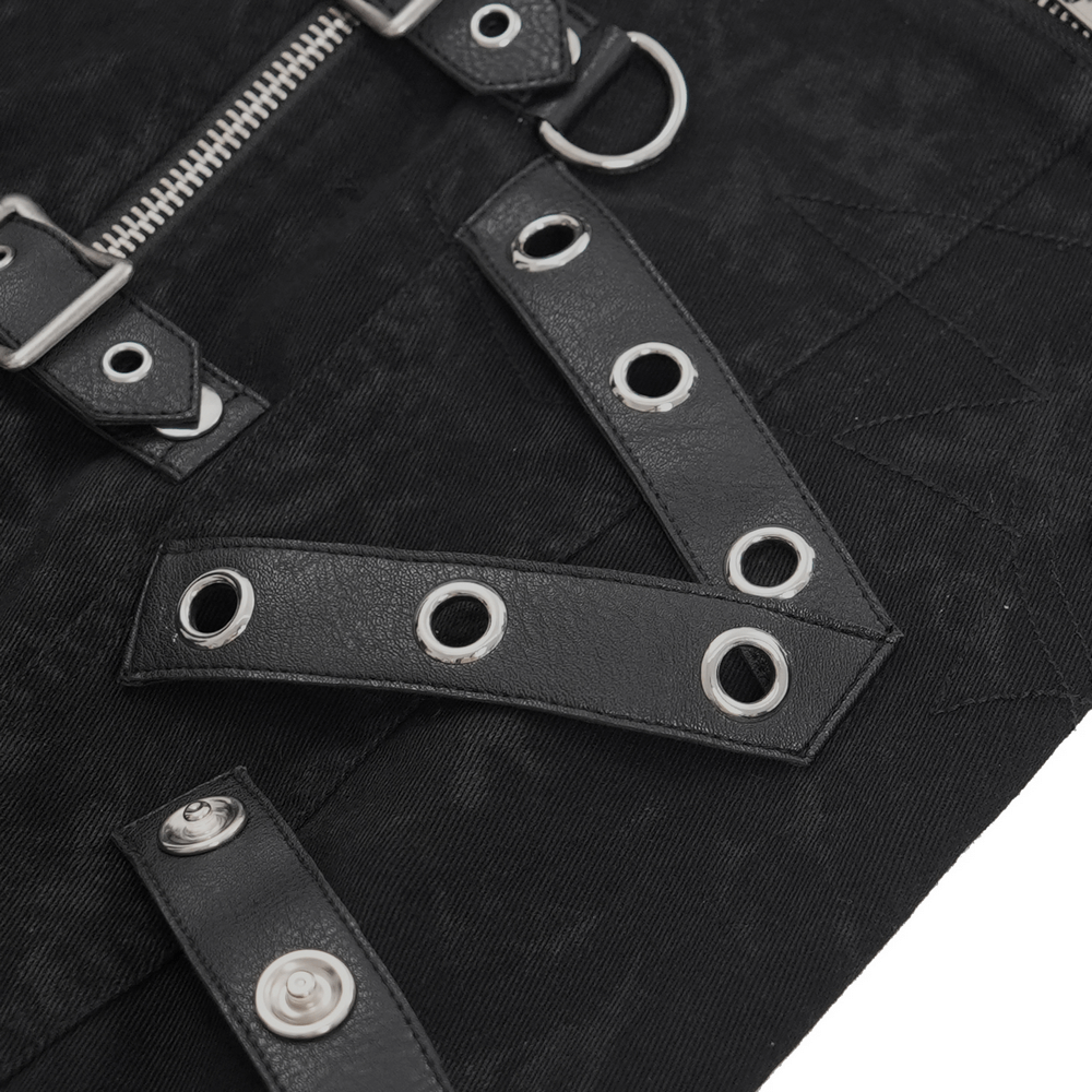 Close-up of men's gothic vest featuring zipper, buckle straps, and metal ring accents for an edgy punk look.