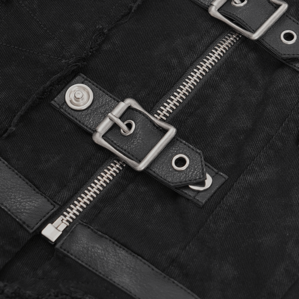 Close-up of men's gothic zipper vest showcasing buckle details and rugged frayed edges for a punk rock style.