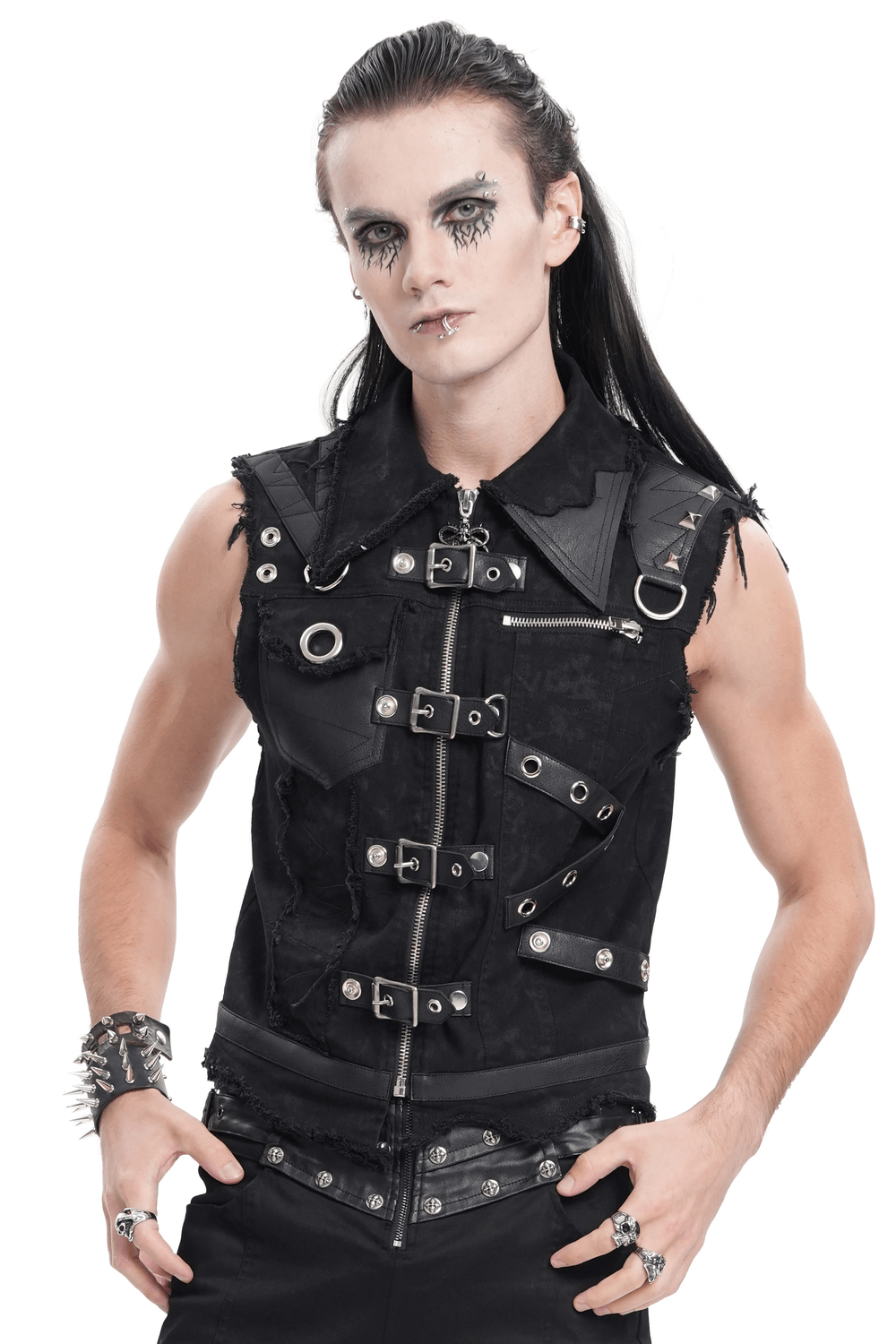 Men's gothic sleeveless vest with buckles, rings, and frayed edges, showcasing punk rock style.