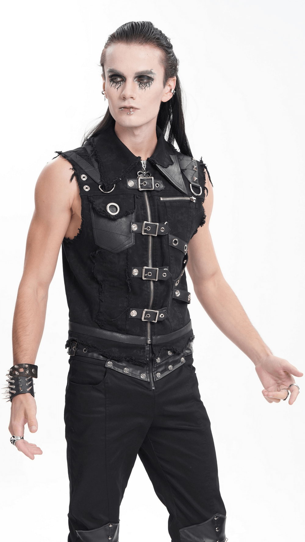 Men's gothic zipper vest with buckles and frayed edges, perfect for punk rock fashion and streetwear style.