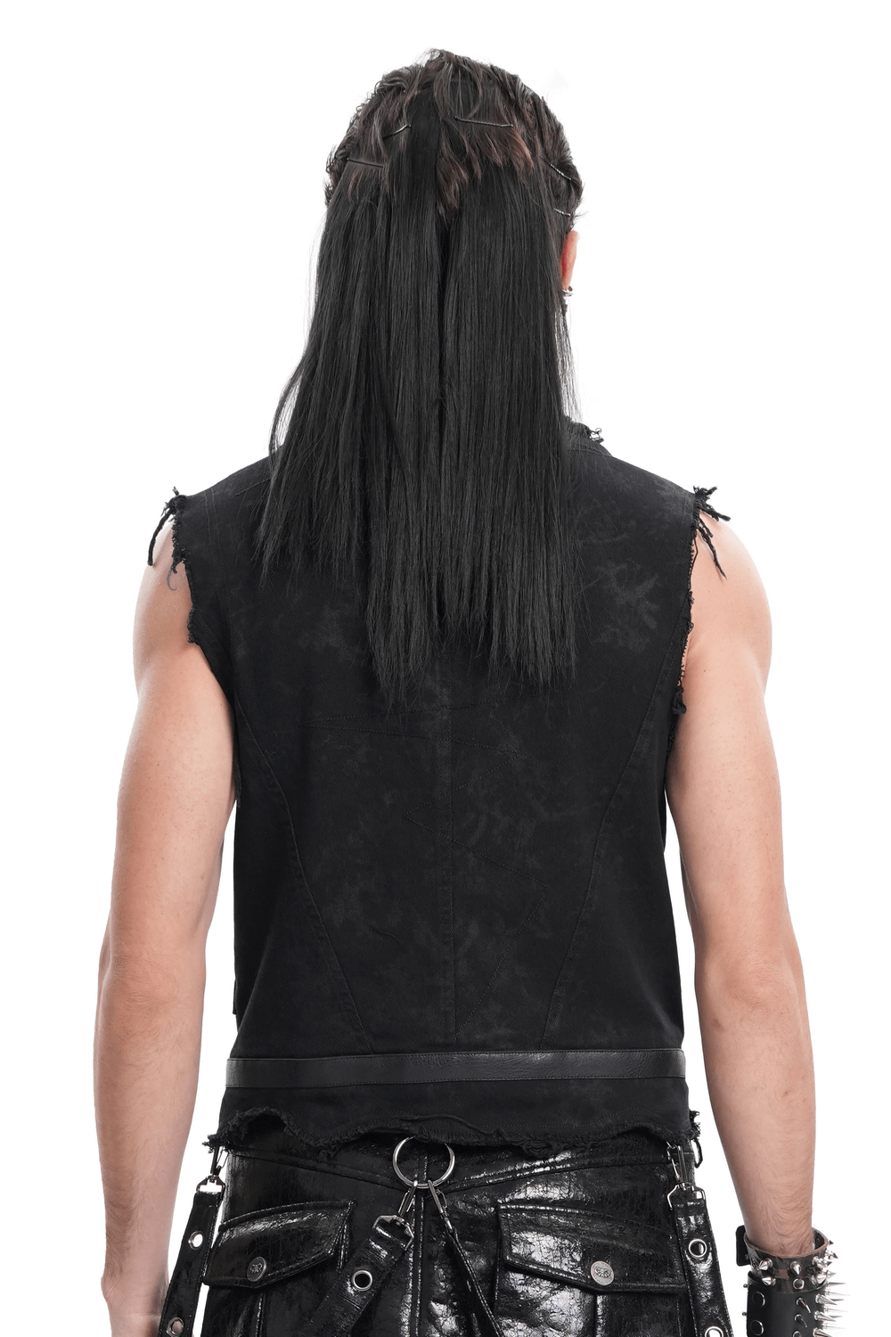 Men's gothic zipper vest with buckles and frayed edges, showcasing a back view and edgy punk style.