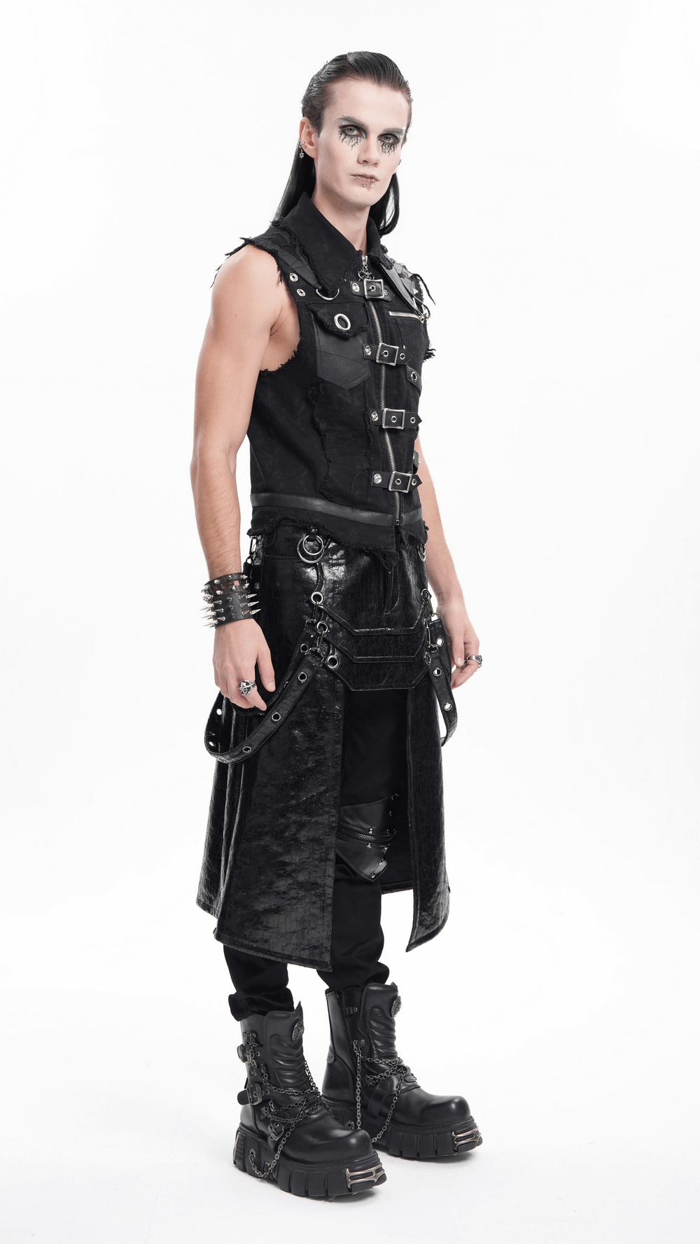 Men's gothic sleeveless vest with buckles and frayed edges, showcasing edgy punk rock style and metal accents.