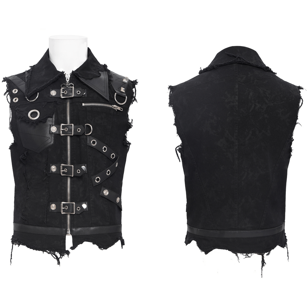 Men's gothic zipper vest with buckles and frayed edges, perfect for punk rock style and edgy streetwear.