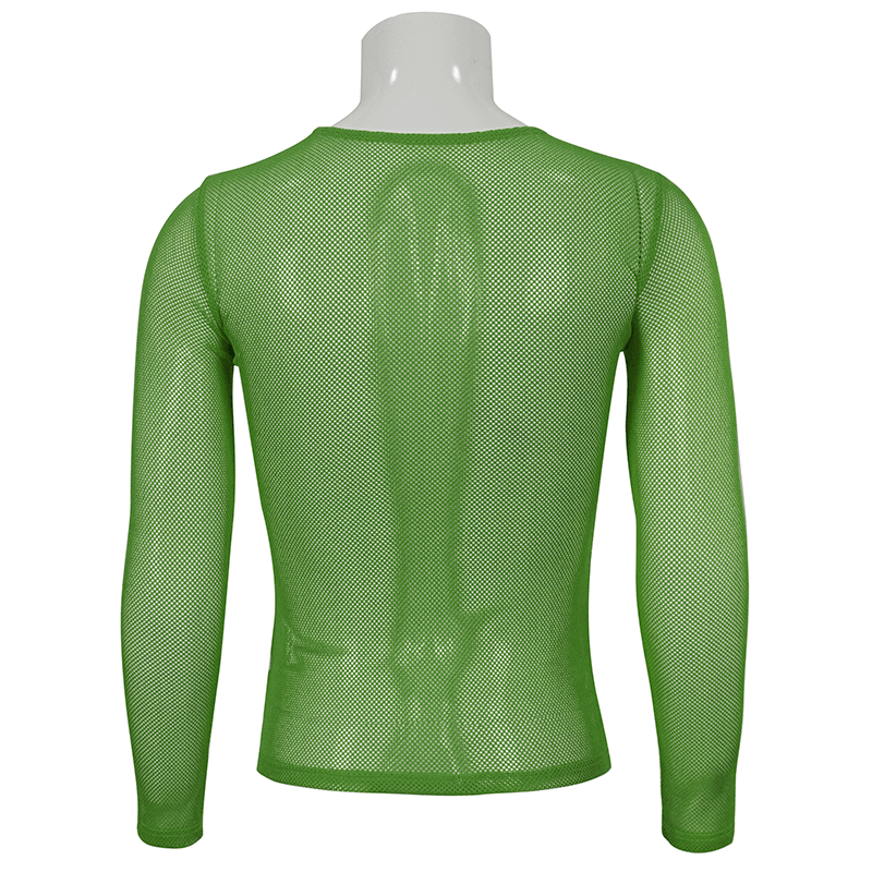 Men's green fluorescent long sleeve mesh top showcasing a stylish transparent alternative design.