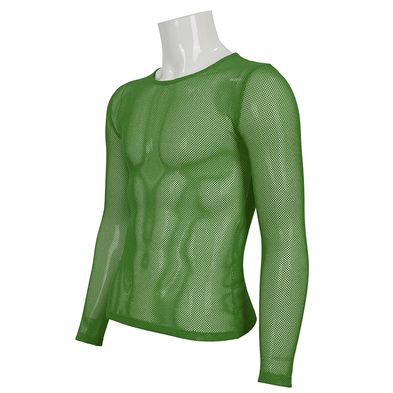 Stylish men's green fluorescent long sleeve mesh top, perfect for alternative fashion, made of quality stretchy mesh fabric.