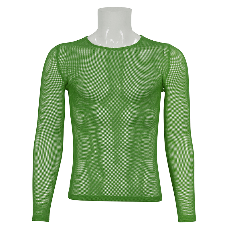 Men's Green Fluorescent Long Sleeve Mesh Top / Male Soft Stretchy Transparent Tops - HARD'N'HEAVY