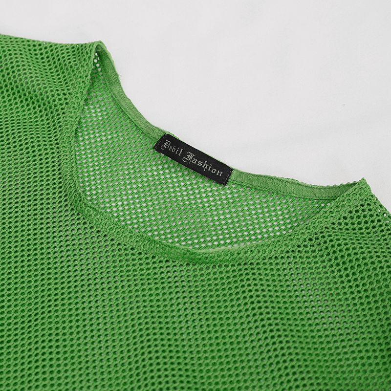 Close-up of men's green fluorescent mesh top showcasing its neckline and label, perfect for alternative style enthusiasts.