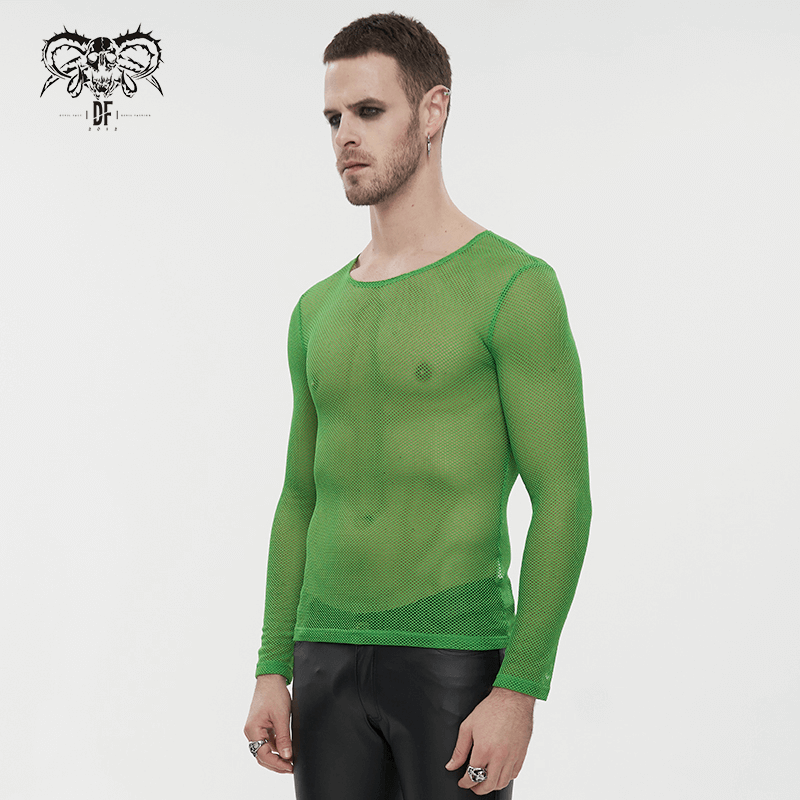 Men's Green Fluorescent Long Sleeve Mesh Top / Male Soft Stretchy Transparent Tops - HARD'N'HEAVY