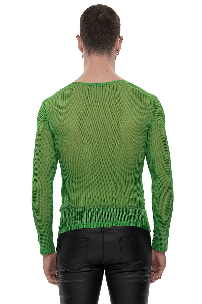 Back view of men's green fluorescent long sleeve mesh top, showcasing its stylish and alternative design.