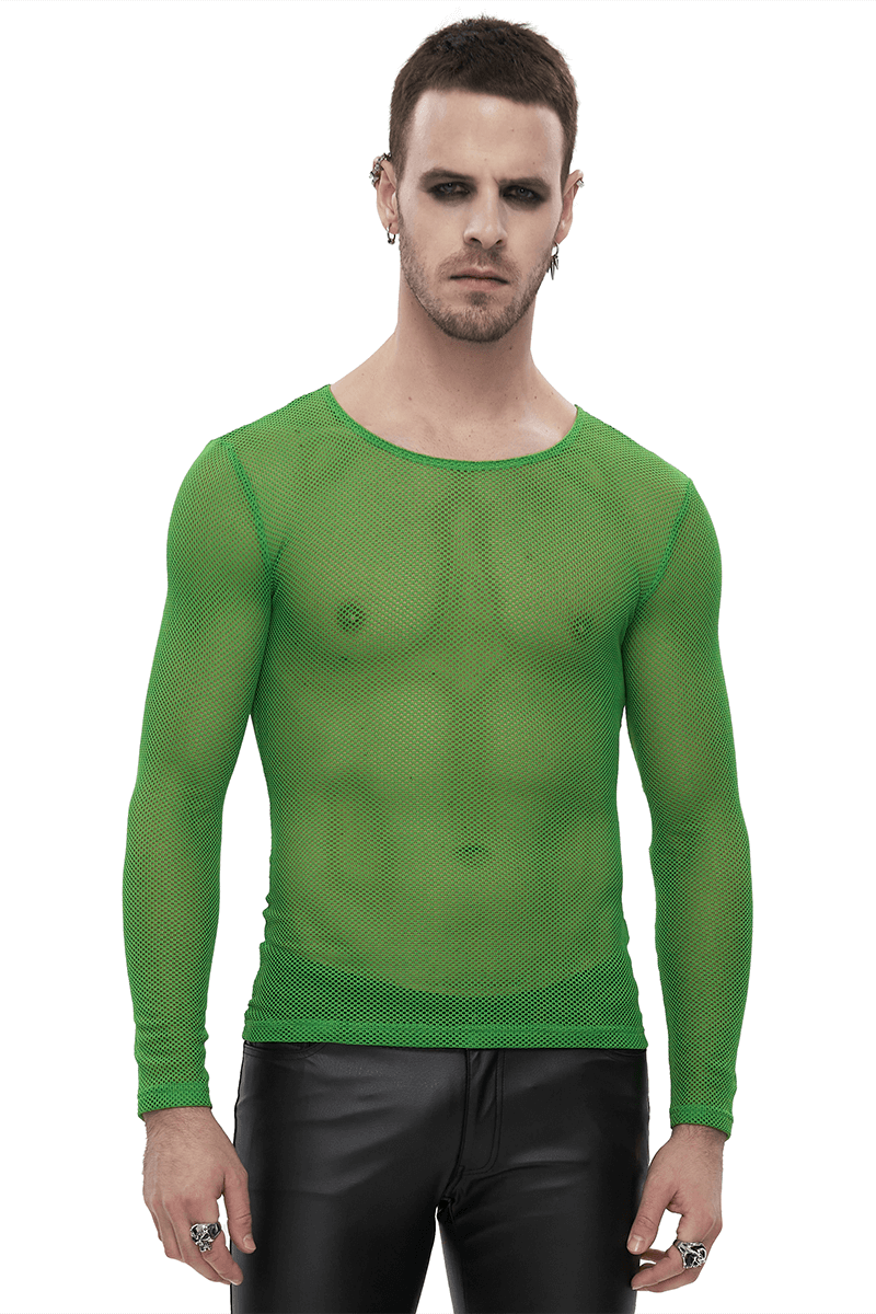 Men's Green Fluorescent Long Sleeve Mesh Top / Male Soft Stretchy Transparent Tops - HARD'N'HEAVY