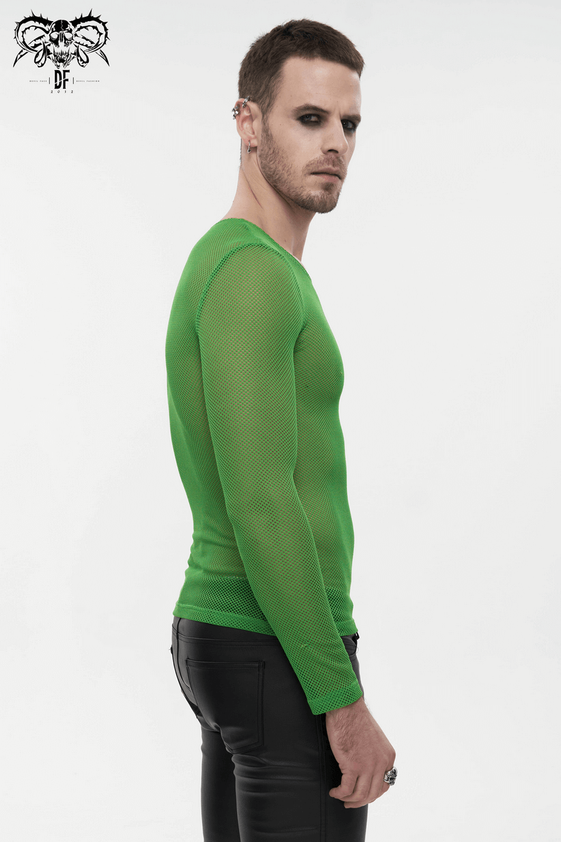 Men's Green Fluorescent Long Sleeve Mesh Top / Male Soft Stretchy Transparent Tops - HARD'N'HEAVY