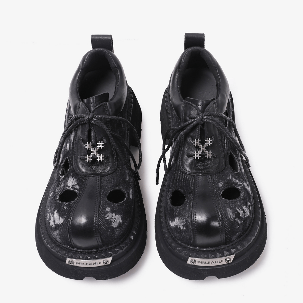 Men's Grunge Distressed Denim Derby Shoes with Cutout Detail, black punk platform lace-up shoes with lug soles
