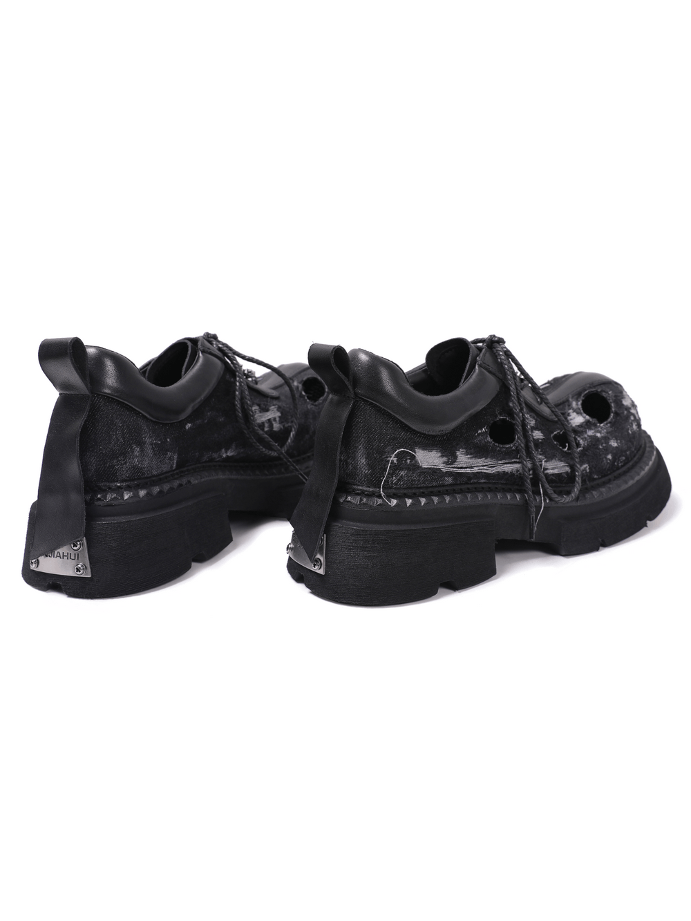 Men's Grunge Distressed Denim Derby Shoes with Cutout Detail, black punk platform lace-up shoes with chunky lug soles