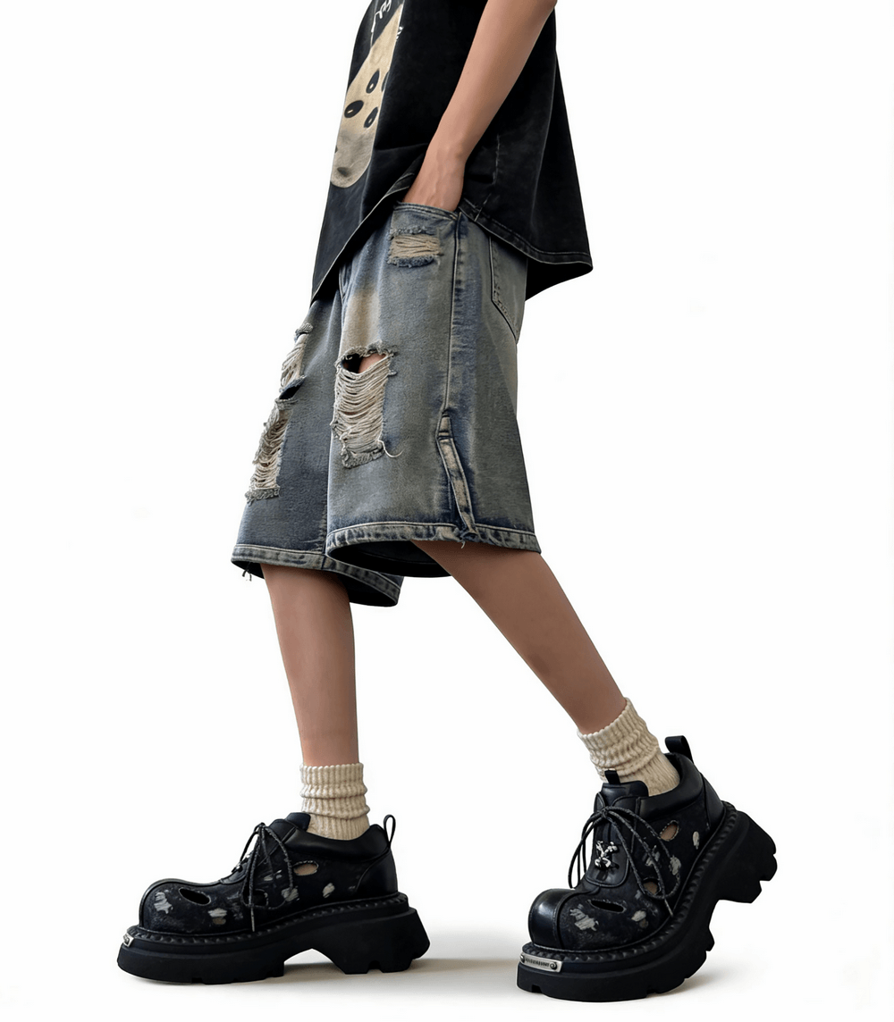 Men's Grunge Distressed Denim Derby Shoes with Cutout Detail, black platform lace-ups with chunky lug soles