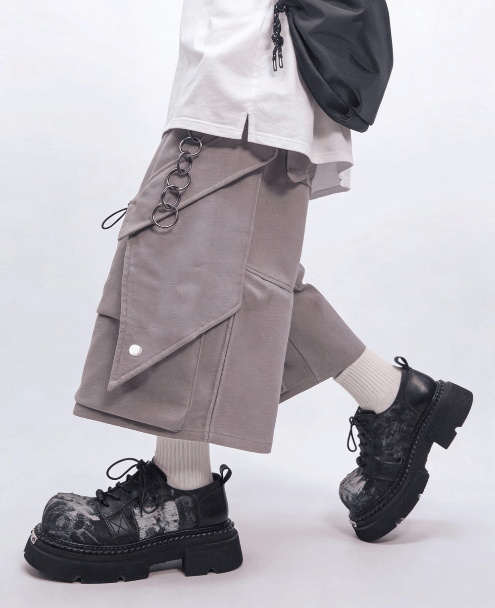 Men's Grunge Lace-Up Shoes with Frayed Patchwork Details, chunky black distressed derby shoes with lug soles and industrial metal accents