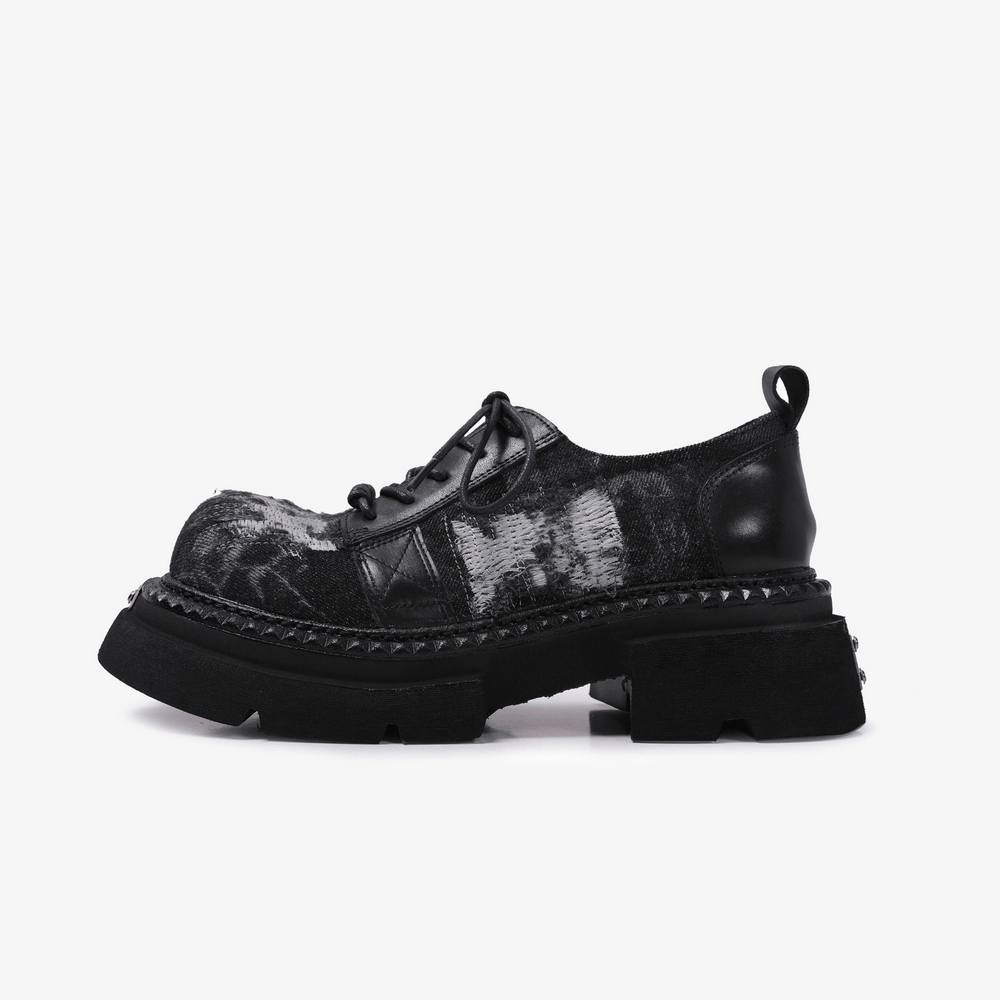 Men's Grunge Lace-Up Shoes with Frayed Patchwork Details, black distressed derby shoes with chunky lug soles