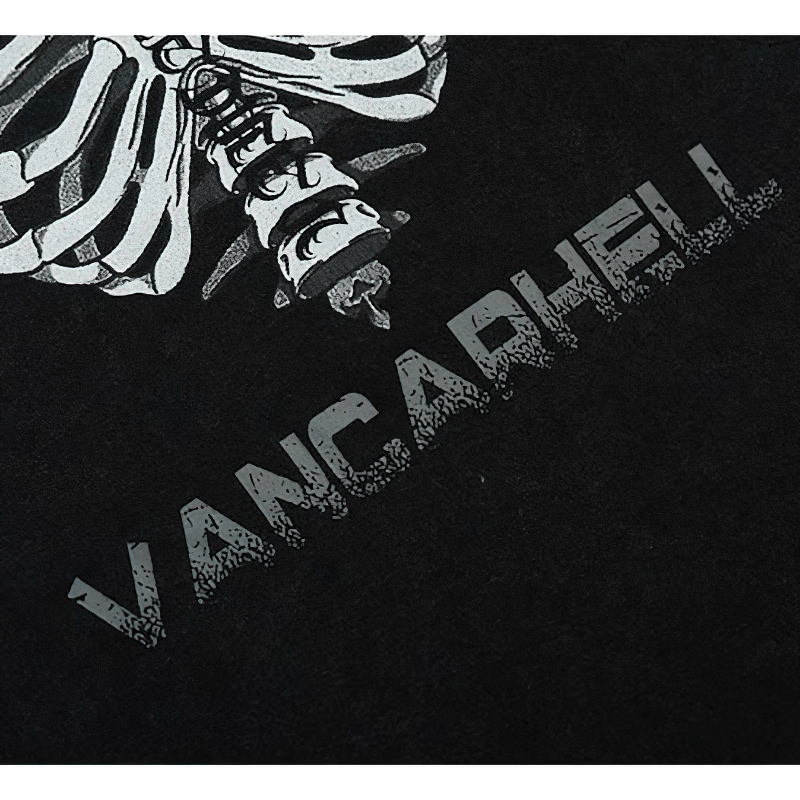 Close-up of men's punk sweatshirt featuring skeleton print and 'VANCARHELL' text on black fabric.