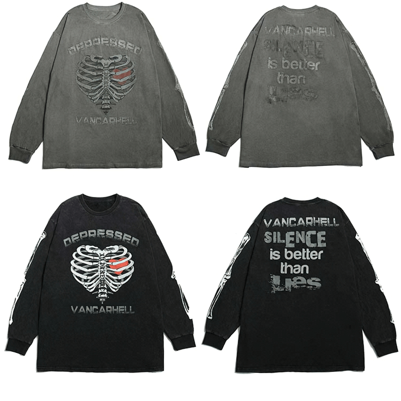 Men's long sleeve sweatshirt featuring skull and text designs in punk style, available in black and gray.