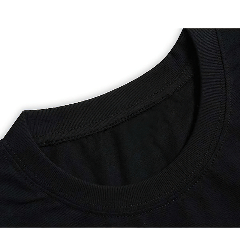 Close-up of the black collar on a men's hoodie with skeleton print, showcasing punk style and cotton fabric.