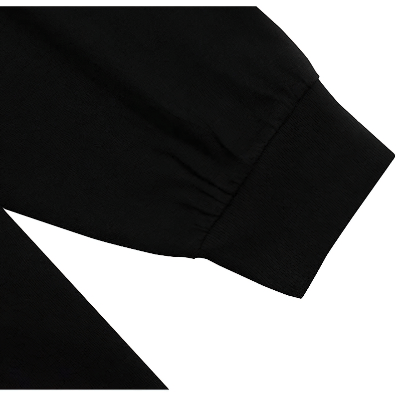 Close-up of black men's sweatshirt sleeve showcasing elastic cuff detail for punk style fashion.