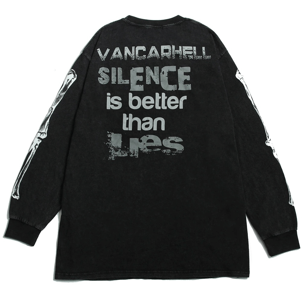 Men's black sweatshirt featuring skeleton print and bold slogan 'Silence is better than Lies' on back.