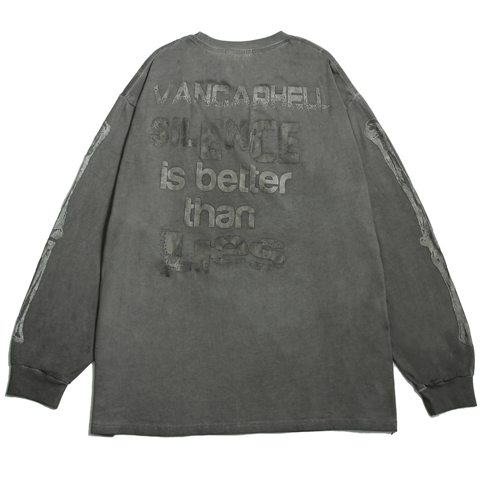Men's oversized gray sweatshirt with skeleton print and motivational quote on back, perfect for punk fashion lovers.