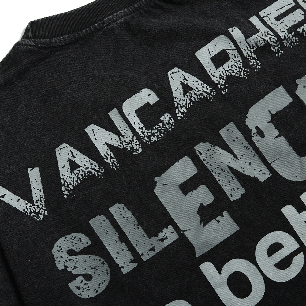 Close-up of the back of a men's black sweatshirt featuring a bold skeleton print and edgy text design.