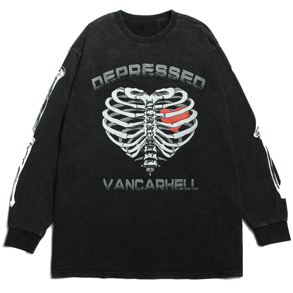 Men's oversized sweatshirt with heart skeleton print, featuring the word 'DEPRESSION', in black punk style.