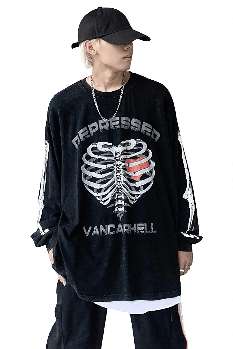 Men's oversized skeleton print sweatshirt in punk style, featuring graffiti-style text and unique design elements.